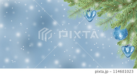 Horizontal background of pine and fir branches with blue toys and snow. Illustration with watercolor and marker. Christmas decoration with evergreens for New Year with cedar. Hand drawn isolated art. 114681023