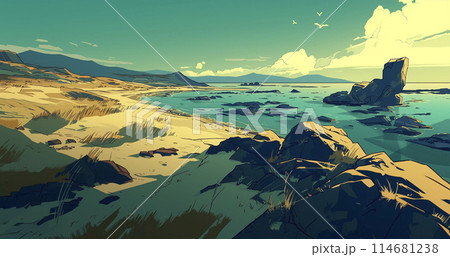 岩の多い海岸のアニメーション風景　AI画像 114681238