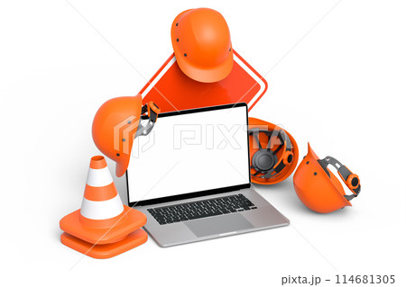 Set of safety helmets or hard hats and traffic cones, road sign on white Set of safety helmets or hard hats and traffic cones, road sign on white 114681305