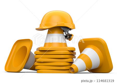 Stack of safety helmets or hard hats and traffic cones on white background 114681319
