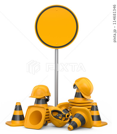 Set of safety helmets or hard hats and traffic cones, road sign on white 114681346
