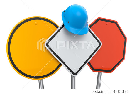 Set of safety helmet or hard hat on road traffic signs on pole on white. 114681350