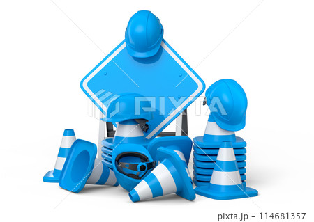 Set of safety helmets or hard hats and traffic cones, road sign on white Set of safety helmets or hard hats and traffic cones, road sign on white 114681357