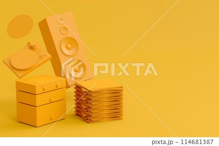 Set of Hi-fi speakers and DJ turntable for sound recording studio on monochrome 114681387