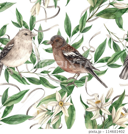 Seamless pattern of branches with green leaves and sitting birds on a white background. Isolated watercolor drawing in realistic style. Pattern for interior, cards, wedding design, textiles Seamless pattern of branches with green leaves and sitting birds on a white background. Isolated watercolor drawing in realistic style. Pattern for interior, cards, wedding design, textiles 114681402