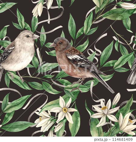 Seamless pattern of branches with green leaves and sitting birds on a brown background. Isolated watercolor drawing in realistic style. Pattern for interior, cards, wedding design, textiles 114681409