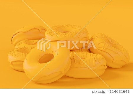 Stack of glazed donut with sprinkles on plain monochrome yellow color 114681641