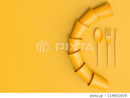 Set of disposable utensils like plate, folk, spoon,knife, cup and pepper mill Set of disposable utensils like plate, folk, spoon,knife, cup and pepper mill 114681659
