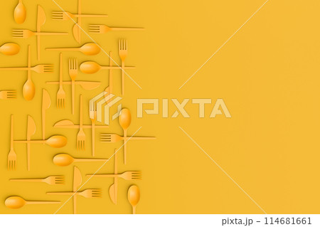 Set of disposable utensils like plate, folk, spoon,knife, cup and pepper mill 114681661