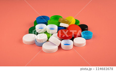 Plastic Bottle Caps Pile. Recycling HDPE Material Group, Circle Polyethylene Lid Set, Colorful Caps Group 114681678