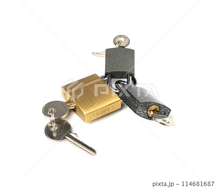 Three Closed Locks Isolated, Golden and Black Padlocks Locked Together on White Three Closed Locks Isolated, Golden and Black Padlocks Locked Together on White 114681687