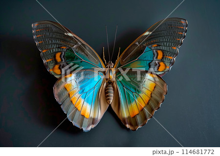 Beautiful Blue Morpho butterfly rests among the foliage of a garden 114681772