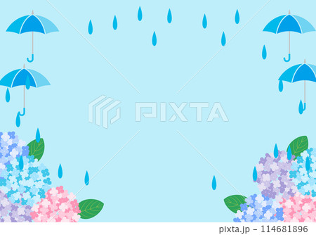梅雨のあじさいと傘のフレーム背景18水色 梅雨のあじさいと傘のフレーム背景18水色 114681896