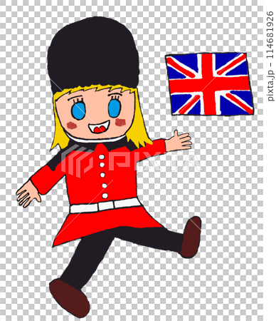 Marching British female soldiers and the British flag Marching British female soldiers and the British flag 114681926