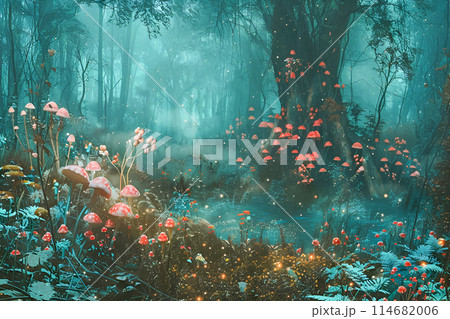Beautiful enchanted forest with mushrooms 114682006