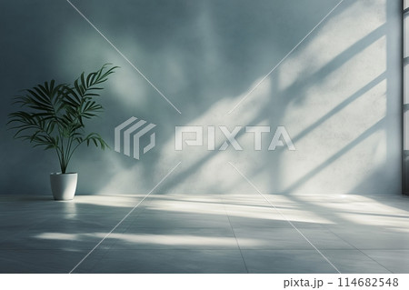 A minimalist space with a concrete wall, large windows, and a potted plant 114682548
