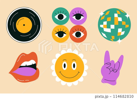 Abstract shapes. Groovy party. Retro music record disc. Eyes and woman mouth lips. Disco club ball. Hand rave gesture. Daisy flower. Happy smile face. Discotheque sticker. Vector funky elements set 114682810