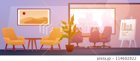 Office boardroom interior. Empty room training. Cartoon conference whiteboard. Computer desk with armchairs. Project presentation. Modern business work space. Corporate building. Vector background 114682822