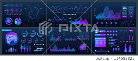Analytics screen. Dashboard data graph. Panel application UI graphic. Statistic infographic. Financial web chart. Calendar control. Digital screen. Demographic diagram. Vector business backgrounds set 114682823