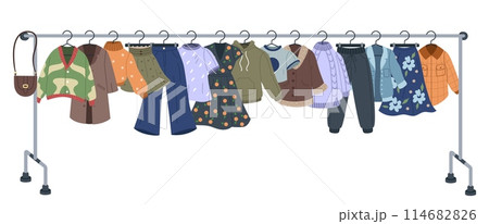 Clothing hanger. Shop fashion. Store rack. Dress and winter coat. Charity exchange and swap. Woman boutique. Secondhand market. Choose wardrobe. Trendy accessories. Vector tidy sale fair garments set Clothing hanger. Shop fashion. Store rack. Dress and winter coat. Charity exchange and swap. Woman boutique. Secondhand market. Choose wardrobe. Trendy accessories. Vector tidy sale fair garments set 114682826