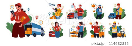 Supply export. Delivery service. Business trade. Global import tracking. People on warehouse. Transport cargo traffic. Truck international logistics. Freight distribution. Vector tidy concepts set 114682833