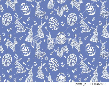 Easter pattern rabbit. White bunny on blue background, flower, floral spring animal, vintage paper, hare doodle, drawing cut, wrapping paper, wallpaper design. Vector seamless print, tidy illustration Easter pattern rabbit. White bunny on blue background, flower, floral spring animal, vintage paper, hare doodle, drawing cut, wrapping paper, wallpaper design. Vector seamless print, tidy illustration 114682886