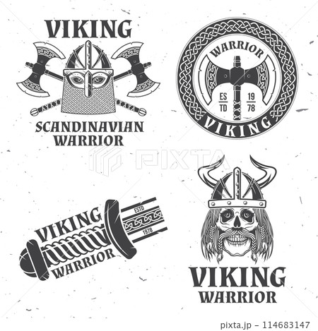 Set of viking warrior logos, badges, stickers. Vector illustration. For emblems, labels and patch. Monochrome style viking in helmet with crossed battle sword and axe Set of viking warrior logos, badges, stickers. Vector illustration. For emblems, labels and patch. Monochrome style viking in helmet with crossed battle sword and axe 114683147