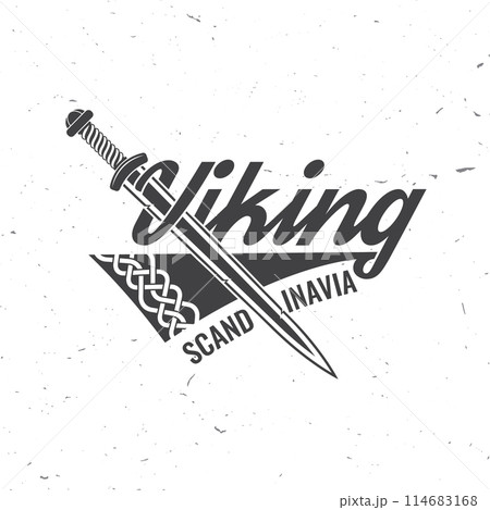 Viking warrior logo, badge, sticker. Vector. For emblems, labels and patch. Viking battle sword, vintage monochrome style Viking warrior logo, badge, sticker. Vector. For emblems, labels and patch. Viking battle sword, vintage monochrome style 114683168
