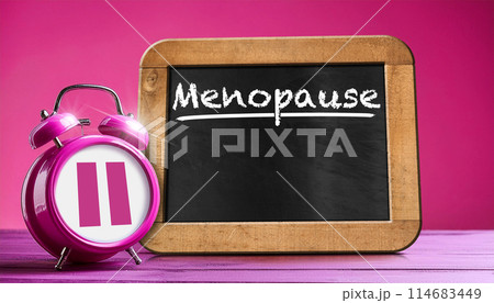 Alarm Clock with Pause Symbol and Blackboard with Text Menopause - Generative Ai 114683449