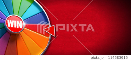 Multi Colored Wheel of Fortune Against a Red Velvet Background with Copy Space - Generative Ai 114683916