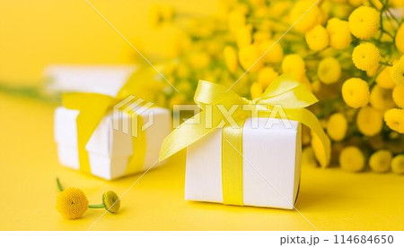 黄色いクロスペディアの花束とプレゼント 黄色いクロスペディアの花束とプレゼント 114684650