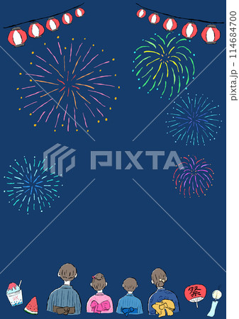 夏祭り、花火と浴衣の家族の背景フレーム、シンプルな手描きイラスト 114684700