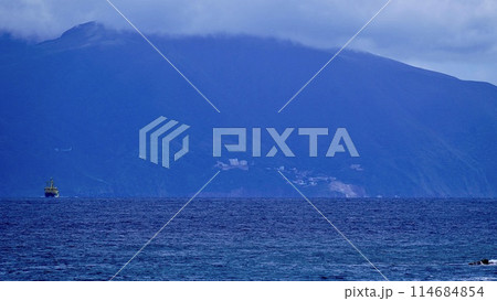 御蔵島を背景に海を航行する東海汽船　橘丸 114684854