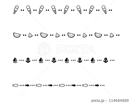 ポップな飾り罫・ライン（モノクロ）：アイス・スイカ・マリン・魚 114684889