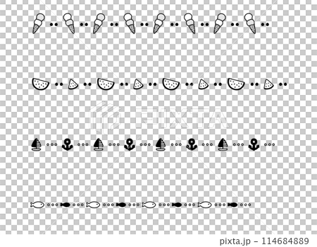 ポップな飾り罫・ライン（モノクロ）：アイス・スイカ・マリン・魚 114684889