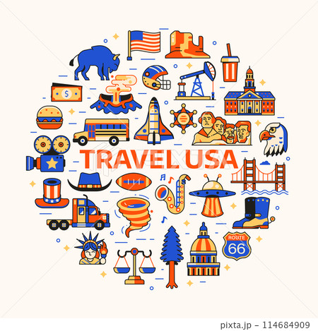 Travel USA Circle Print with America Icons Travel USA Circle Print with America Icons 114684909