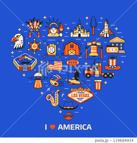 Love USA Heart Print with America Icons 114684914