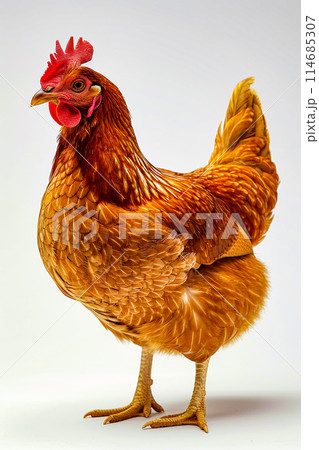 Close up of beautiful rooster with red face and yellow body 114685307