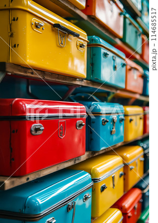 A row of colorful suitcases are displayed on a shelf A row of colorful suitcases are displayed on a shelf 114685517