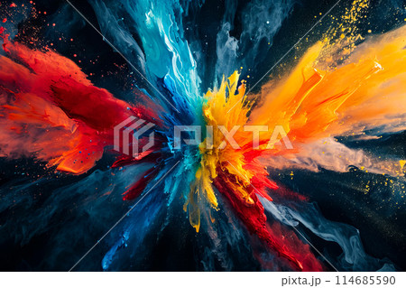 Colorful painting in red blue and yellow splashes of paint is shown with white background 114685590