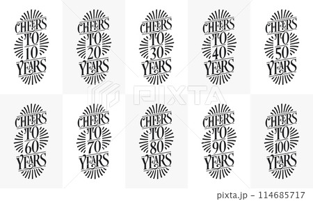 Typography Birthday quote design bundle. Set of 10 Calligraphy Birthday lettering design. Cheers to 10, 18, 20, 30, 40, 50, 60, 70, 80, 90, 100 years. 114685717