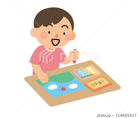 クレヨンでお絵描きをする男の子 クレヨンでお絵描きをする男の子 114685817