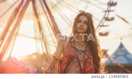 model in a bohemian outfit, standing in front of a Ferris wheel at a summer music festival 114685901