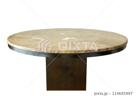 Marble stone table top isolated on white background for product display 114685997