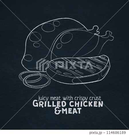 Grilled chicken and meat illustration. Outline vector icon. Linear art white chalk on black desk 114686189