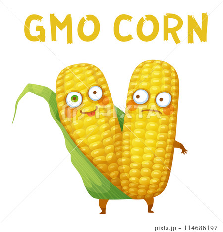 GMO Corn Vegetable Illustration. Cartoon Vector Funny Corn Character Icon Isolated on White Background GMO Corn Vegetable Illustration. Cartoon Vector Funny Corn Character Icon Isolated on White Background 114686197