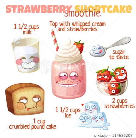 Strawberry Shortcake smoothie recipe illustration with funny characters. Milkshake ingredients cartoon vector icons isolated on white background 114686207