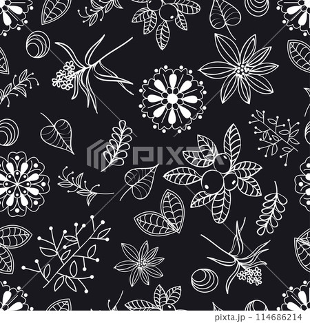 Black and white floral seamless pattern, Forest plants vector illustration Black and white floral seamless pattern, Forest plants vector illustration 114686214