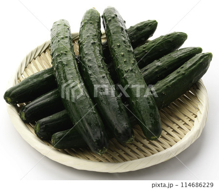 ざるにのせたキュウリ(白背景) ざるにのせたキュウリ(白背景) 114686229