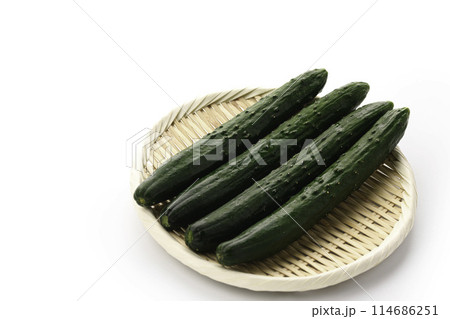 ざるにのせたキュウリ（白背景） 114686251